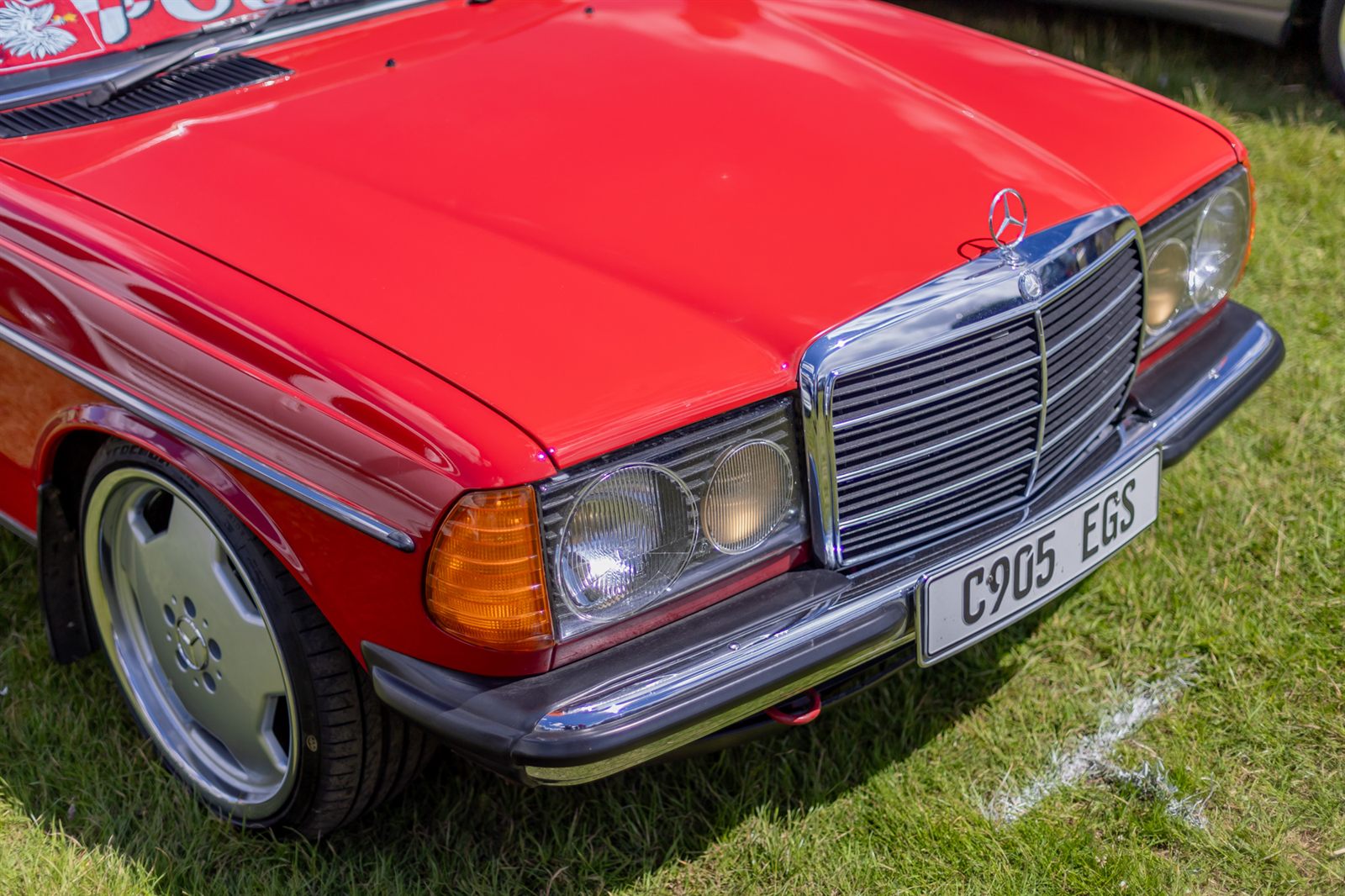 Low front three-quarter view of the red Mercedes W123 on the grass